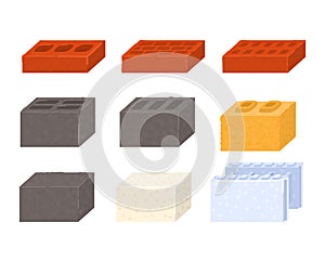 Different types of construction bricks set. Various materials and textures like clay, concrete, and porous vector