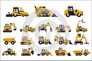 Different types of construction trucks set, heavy equipment, construction vehicles vector Illustrations on a white