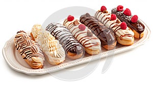 Different types of eclairs topped with nuts, berries and chocolate on a white background