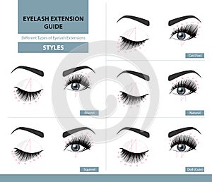 Different types of eyelash extensions. Styles for the most flattering look. Infographic vector illustration