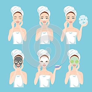 Different types of facial masks for skin care and treatment. Clay, charcoal, for nose, eyes, paper, sheet and fresh masks.