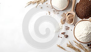 Different types of flour on white background, flat lay