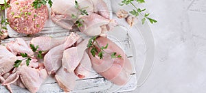 Different types of fresh chicken meat