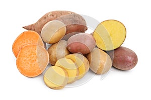 Different types of fresh potatoes on white background