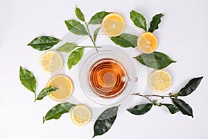 Different types of fresh raw green tea leaf flower bud lemon orange slice transparent glass teacup saucer liquid tea on white