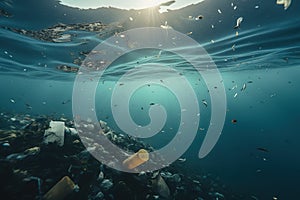 Different types of garbage underwater in blue sea or ocean. Floating plastic waste pollution underwater