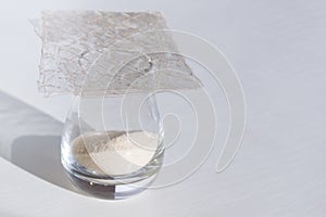 Different types of gelatin powder and sheets on white table