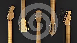 different types of gold fretboard guitar instrument\'s top view on black background monochrome 3d rendering