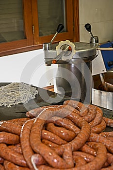 Different types of ingredients and sausages made by hand.