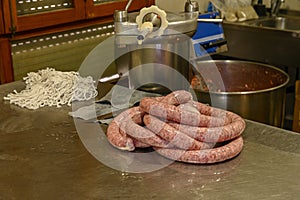 Different types of ingredients and sausages made by hand.