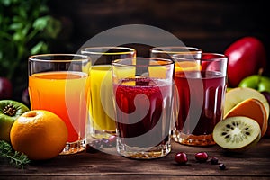 Different types of juices in glasses on the table. Well-being, balanced diet nutrient-rich and vitamins. Generative AI