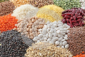 Different types of legumes and cereals as background