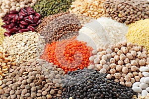 Different types of legumes and cereals as background. Organic grains