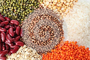 Different types of legumes and cereals as background. Organic grains