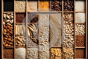Different types of legumes and cereals, top view. Organic grains. Close-up. Natural products without GMOs