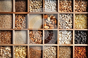 Different types of legumes and cereals, top view. Organic grains. Close-up. Natural products without GMOs