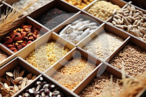 Different types of legumes and cereals, top view. Organic grains. Close-up. Natural products without GMOs
