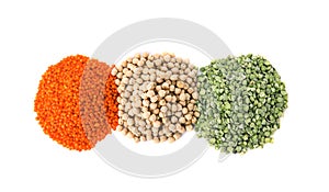 Different types of legumes on white background, top view. Organic grains