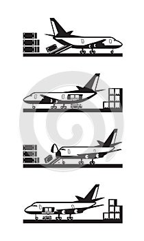 Different types of loading cargo airplane