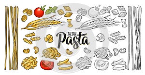 Different types macaroni and ITALIAN PASTA lettering. Vector engraving