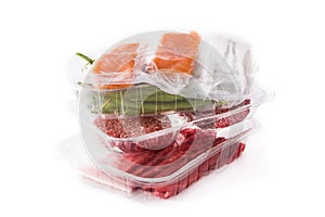Different types of meat, green beans and salmon isolated