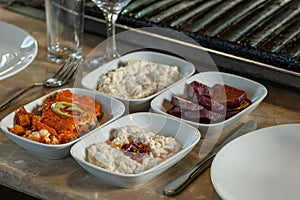 Different types of meat grilled on Barbecue on the table, Served with special Turkish appetizers and Turkish raki