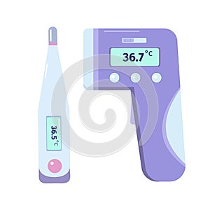 Different types of medical thermometers for body temperature check. Medical exam. Vector illustration in flat style