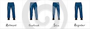 Different types of men`s blue jeans back view isolated on white
