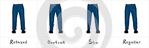 Different types of men`s blue jeans front view isolated on white