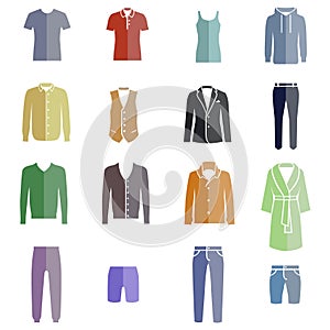 Different types of men's clothes as color icons