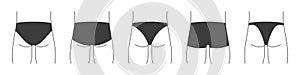 Different types of men`s underpants or swimming trunks. Collection of lingerie back view. Vector illustration