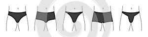 Different types of men`s underpants or swimming trunks. Collection of lingerie front view. Vector illustration