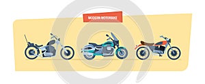 Different types of modern motorcycles: sports, biker motorcycle, classic.
