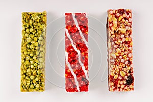 Different types of multi-grains bars. Granola bar with copy space