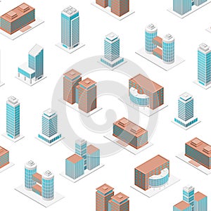 Different Types Office Building 3d Seamless Pattern Background Isometric View. Vector