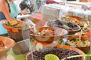 Different types of olives on the market in Provence