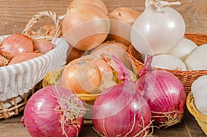 Different types of onions, garlic and shallots