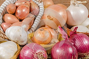 Different types of onions, garlic and shallots