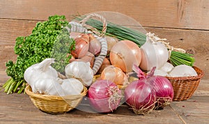 Different types of onions, garlic and shallots photo