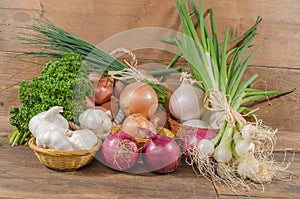 Different types of onions, garlic and shallots