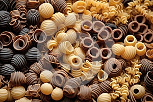 Different types of pasta as background, closeup. Pasta and spaghetti from durum wheat