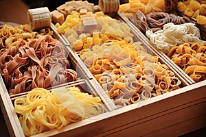 Different types of pasta as background, closeup. Pasta and spaghetti from durum wheat