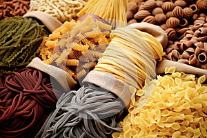 Different types of pasta as background, closeup. Pasta and spaghetti from durum wheat