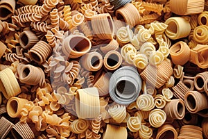 Different types of pasta as background, closeup. Pasta and spaghetti from durum wheat