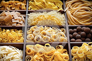 Different types of pasta as background, closeup. Pasta and spaghetti from durum wheat