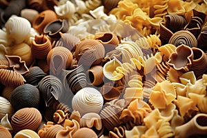 Different types of pasta as background, closeup. Pasta and spaghetti from durum wheat