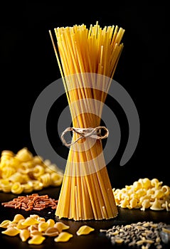 Different types of pasta on black background