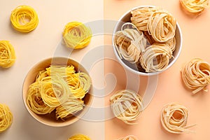 Different types of pasta on color background, flat lay