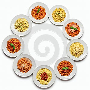 Different types of pasta in a round plate on a white background.