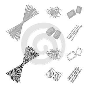 Different types of pasta. Types of pasta set collection icons in outline,monochrome style vector symbol stock